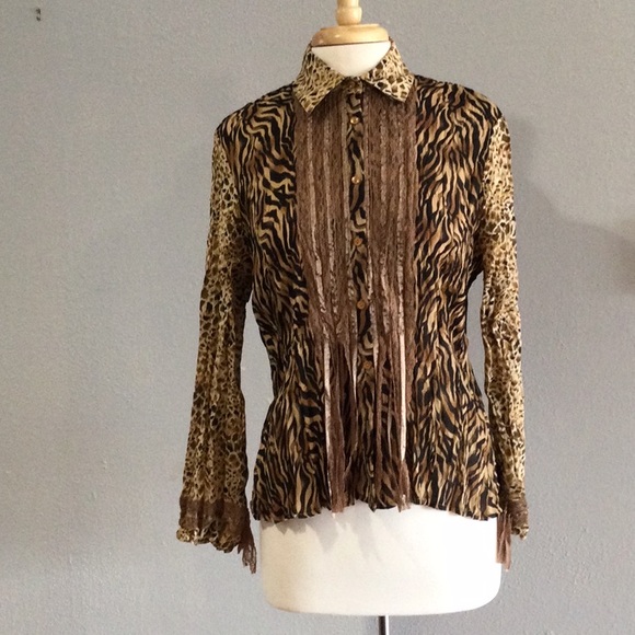 Milano Tiger/Cheetah Print Lace Fringe Button Front Sheer Collared Blouse Size M - Picture 1 of 16